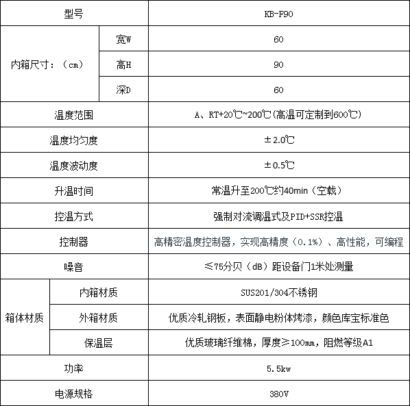 智能控温工业烘箱技术参数图